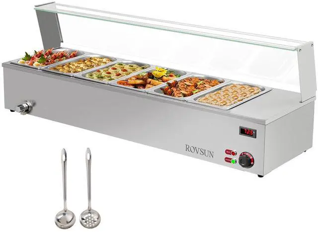 Main image of 48QT Steam Table, 6-Pan Electric Commercial Food Warmer Stainless Steel Bain Marie Countertop w/Glass Shield Temperature Control & Lid for Buffet Party Catering Restaurant 8QT/Pan 1500W 110V