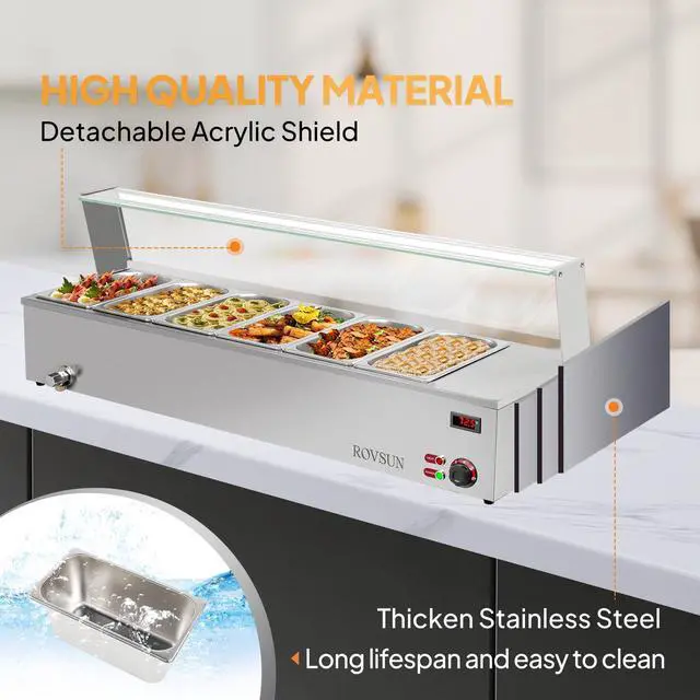 Alt view image 2 of 6 - 48QT Steam Table, 6-Pan Electric Commercial Food Warmer Stainless Steel Bain Marie Countertop w/Glass Shield Temperature Control & Lid for Buffet Party Catering Restaurant 8QT/Pan 1500W 110V