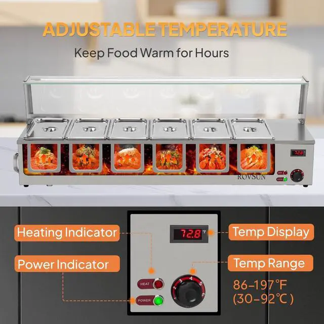 Alt view image 5 of 6 - 48QT Steam Table, 6-Pan Electric Commercial Food Warmer Stainless Steel Bain Marie Countertop w/Glass Shield Temperature Control & Lid for Buffet Party Catering Restaurant 8QT/Pan 1500W 110V