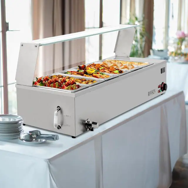 Alt view image 6 of 6 - 48QT Steam Table, 6-Pan Electric Commercial Food Warmer Stainless Steel Bain Marie Countertop w/Glass Shield Temperature Control & Lid for Buffet Party Catering Restaurant 8QT/Pan 1500W 110V