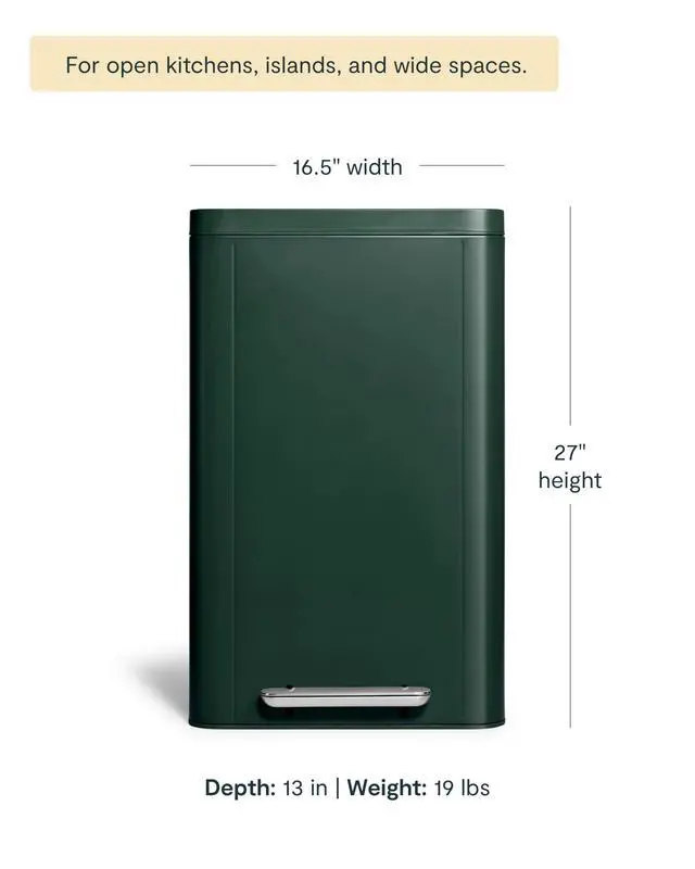 Alt view image 2 of 6 - 45L Rectangular Step Trash Can - 13 Gallon Stainless Steel Trash Can with Quiet Close Lid and Fingerprint-Resistant Finish - Emerald