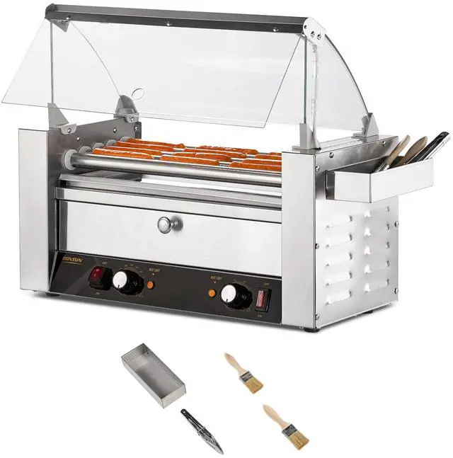 Main image of ROVSUN Hot Dog Roller, 12 Hot Dog 5 Rollers ETL Certified, Hot Dog Machine with Bun Warmer, Dual Temp Control, Glass Cover, LED, Side Storage Box, Shelf & Drip Tray for Party Home Commercial 900W