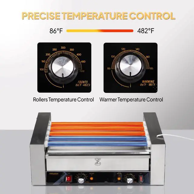 Alt view image 3 of 6 - ROVSUN Hot Dog Roller, 12 Hot Dog 5 Rollers ETL Certified, Hot Dog Machine with Bun Warmer, Dual Temp Control, Glass Cover, LED, Side Storage Box, Shelf & Drip Tray for Party Home Commercial 900W