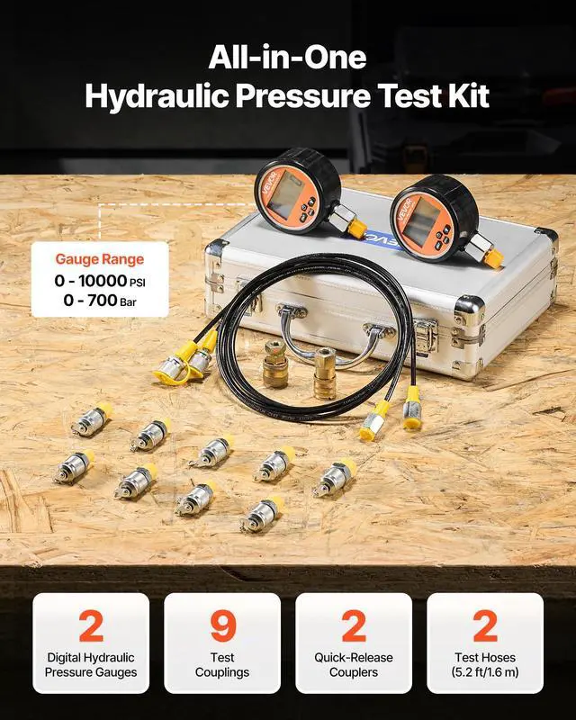 Alt view image 2 of 6 - Digital Hydraulic Pressure Test Coupling Kit, 10000 PSI Pressure Gauge Manometer Tester with 2 Gauges, 9 Test Couplings, 2 Quick-Release Couplers, 2 Hoses for Excavator Construction Machinery