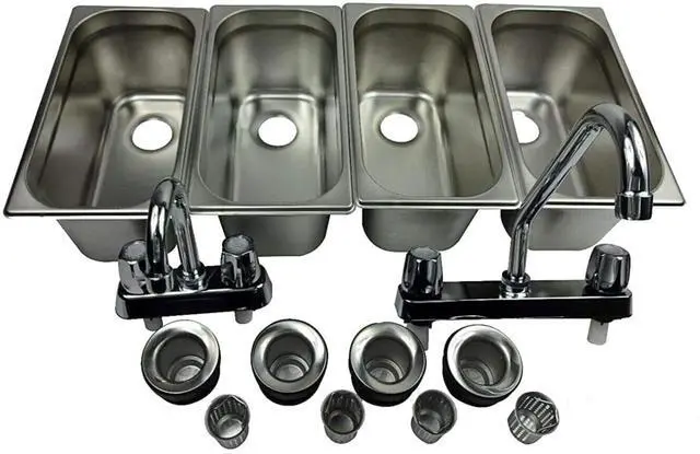 Main image of Standard 4-Compartment Drop-in Stainless Steel Concession Sink Set | Portable 4-basin sink with Dual faucet, bar drains, and basket strainers included. for food truck and concession stands