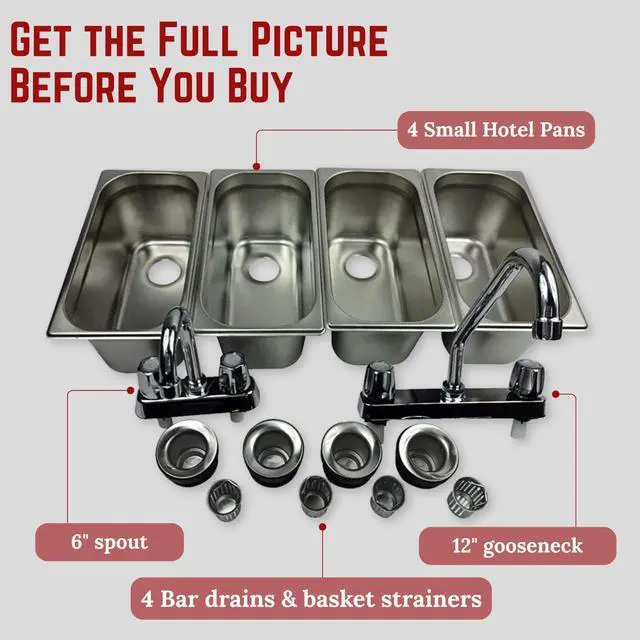 Alt view image 5 of 6 - Standard 4-Compartment Drop-in Stainless Steel Concession Sink Set | Portable 4-basin sink with Dual faucet, bar drains, and basket strainers included. for food truck and concession stands