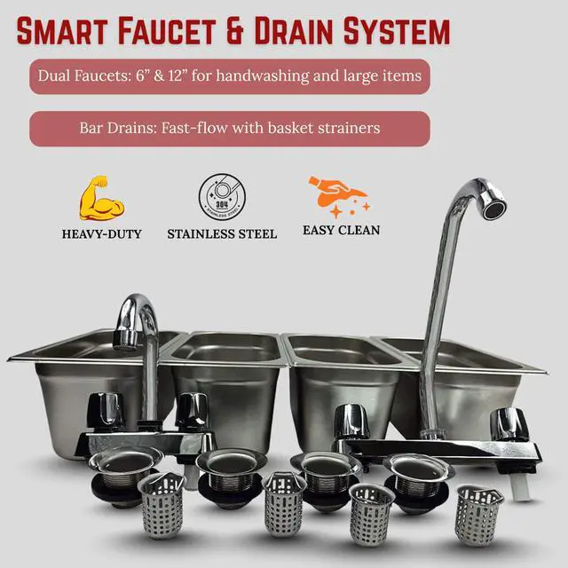 Alt view image 6 of 6 - Standard 4-Compartment Drop-in Stainless Steel Concession Sink Set | Portable 4-basin sink with Dual faucet, bar drains, and basket strainers included. for food truck and concession stands