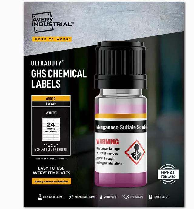 Main image of UltraDuty GHS Chemical Labels for Laser Printers, Waterproof, UV Resistant, 1 x 2.5, 5 Packs (60517)