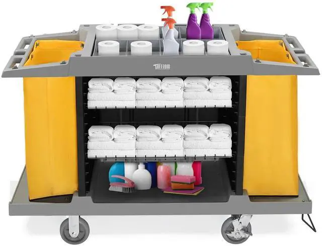 Main image of Industrial Multifunctional Hotel Cart,Commercial Traditional Cleaning Janitorial Room Service Housekeeping Cart, 39" H x 58" W x 21" D,Grey