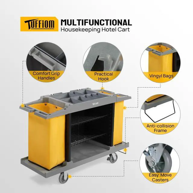 Alt view image 2 of 6 - Industrial Multifunctional Hotel Cart,Commercial Traditional Cleaning Janitorial Room Service Housekeeping Cart, 39" H x 58" W x 21" D,Grey