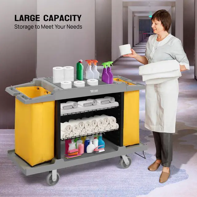 Alt view image 5 of 6 - Industrial Multifunctional Hotel Cart,Commercial Traditional Cleaning Janitorial Room Service Housekeeping Cart, 39" H x 58" W x 21" D,Grey