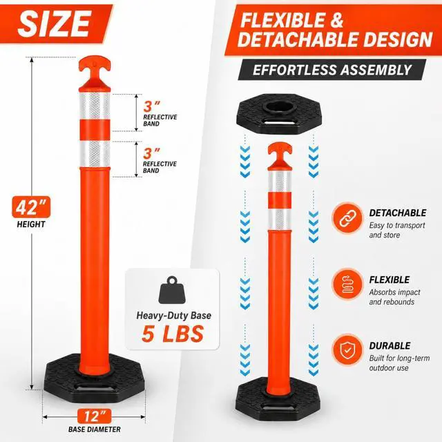 Alt view image 2 of 6 - 42" Traffic Delineator Posts,18 Pack Orange Safety Cones with Reflective Collars and Weighted Base for Road Safety, Parking Lots