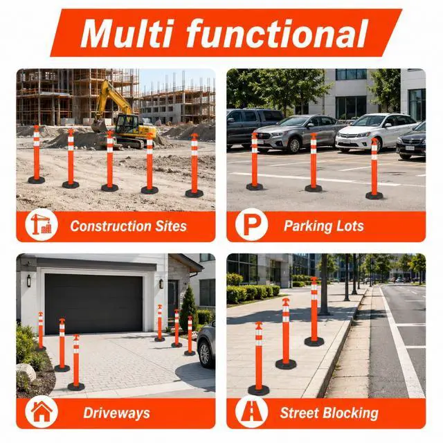 Alt view image 6 of 6 - 42" Traffic Delineator Posts,18 Pack Orange Safety Cones with Reflective Collars and Weighted Base for Road Safety, Parking Lots