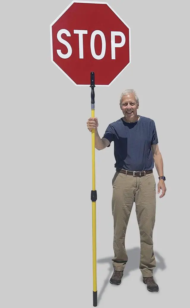 Main image of 24" x 24" Handheld 'STOP - STOP' Crossing Guard Paddle with 6 feet Telescopic Pole, Double-Sided, 120 mil Aluminum Composite, 3M Engineer Grade Reflective, Red and White, USA-Made