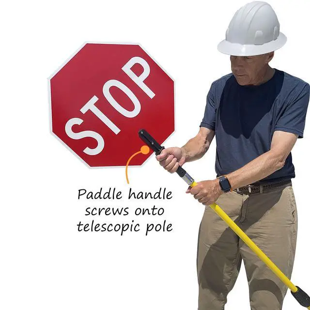 Alt view image 3 of 6 - 24" x 24" Handheld 'STOP - STOP' Crossing Guard Paddle with 6 feet Telescopic Pole, Double-Sided, 120 mil Aluminum Composite, 3M Engineer Grade Reflective, Red and White, USA-Made