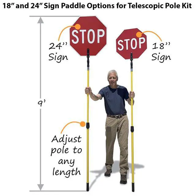 Alt view image 5 of 6 - 24" x 24" Handheld 'STOP - STOP' Crossing Guard Paddle with 6 feet Telescopic Pole, Double-Sided, 120 mil Aluminum Composite, 3M Engineer Grade Reflective, Red and White, USA-Made