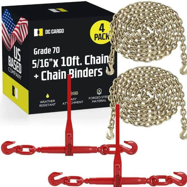Main image of DC Cargo Chain Binder Kit (2 Sets) | 5/16" Grade 70 Extra Long 10 Foot Chain - and Load Binder Set | Heavy Duty Ratcheting Chain and Binder | Load Chain and Binders 4,700lb Working Load Limit As Set