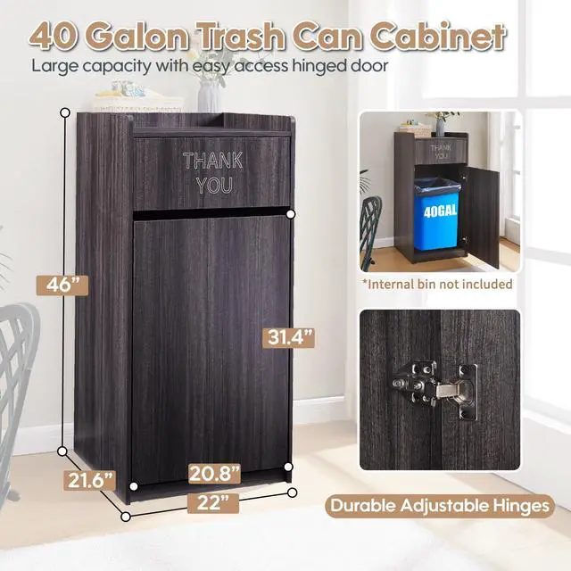 Alt view image 2 of 6 - Restaurant Trash Can Cabinet, Commercial Trash Cans 40 Gallon Wooden Trash Can and Garbage Receptacle with Tray Holder, Door, Large Trash Bin for Restaurants, Cafeteria, Kitchen, Office, School, Gray