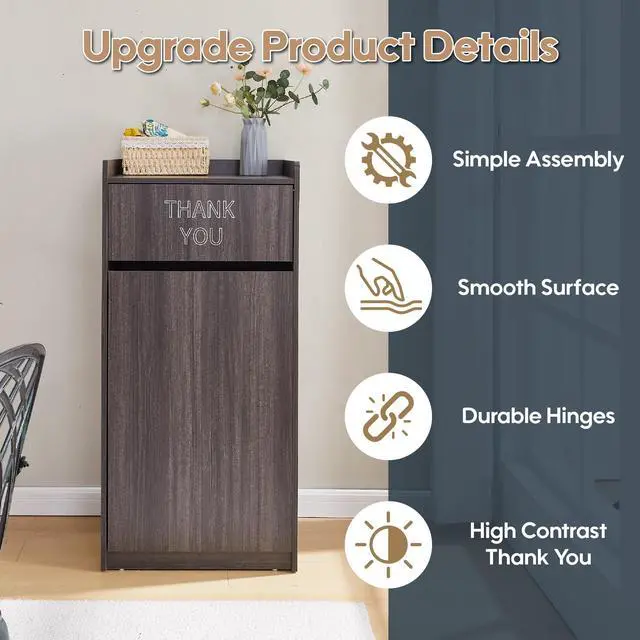 Alt view image 3 of 6 - Restaurant Trash Can Cabinet, Commercial Trash Cans 40 Gallon Wooden Trash Can and Garbage Receptacle with Tray Holder, Door, Large Trash Bin for Restaurants, Cafeteria, Kitchen, Office, School, Gray