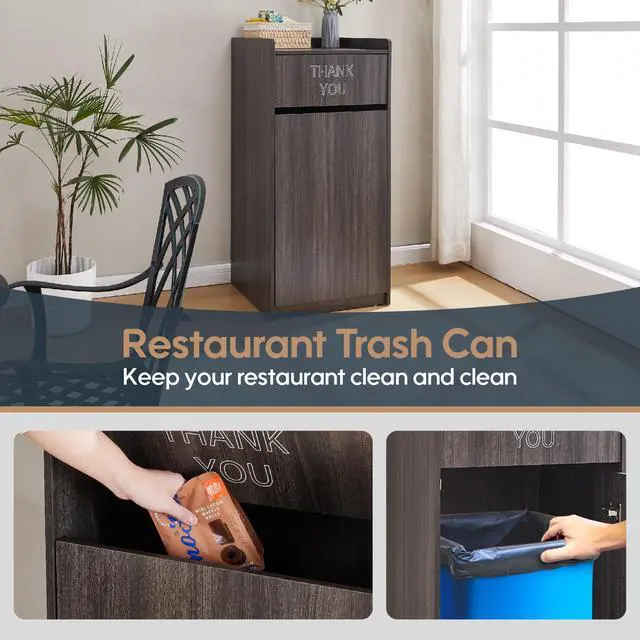 Alt view image 4 of 6 - Restaurant Trash Can Cabinet, Commercial Trash Cans 40 Gallon Wooden Trash Can and Garbage Receptacle with Tray Holder, Door, Large Trash Bin for Restaurants, Cafeteria, Kitchen, Office, School, Gray