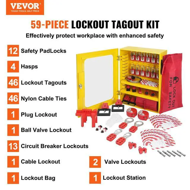 Alt view image 2 of 6 - Electrical Lockout Tagout Kit, 59 PCS Safety Lockout Tagout Station with Padlocks, Hasps, Tags, Ties, Plug Lockout, Circuit Breaker Lockouts, Valve Lockouts, Cable Lockout, Lockout Bag, Box