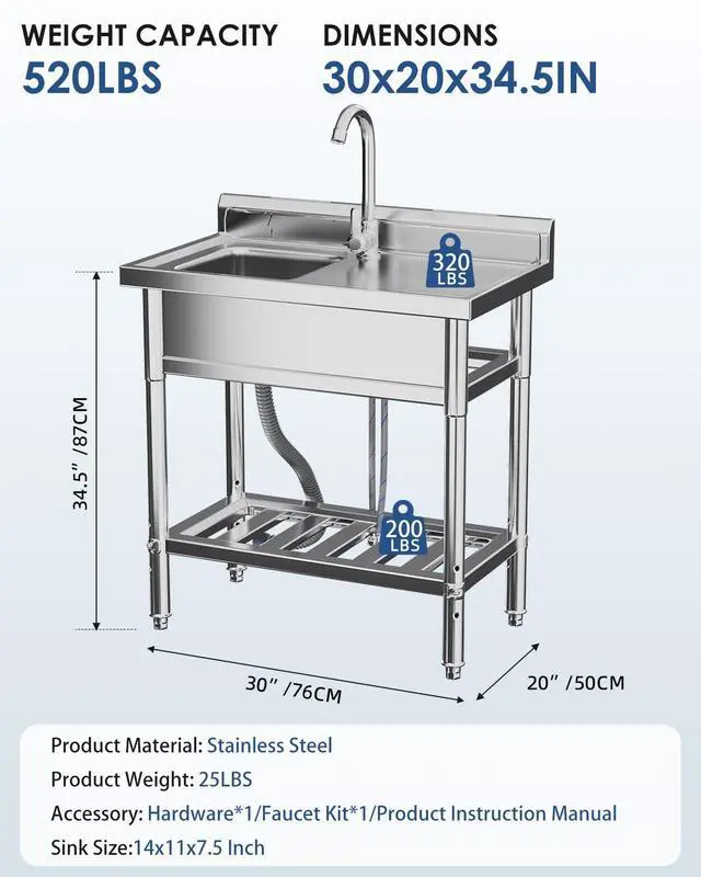 Alt view image 3 of 6 - Stainless Steel Utility Sink, Freestanding Outdoor Sink Station, Small Tub for Garage, Laundry, Kitchen, Farmhouse(Single Bowl)