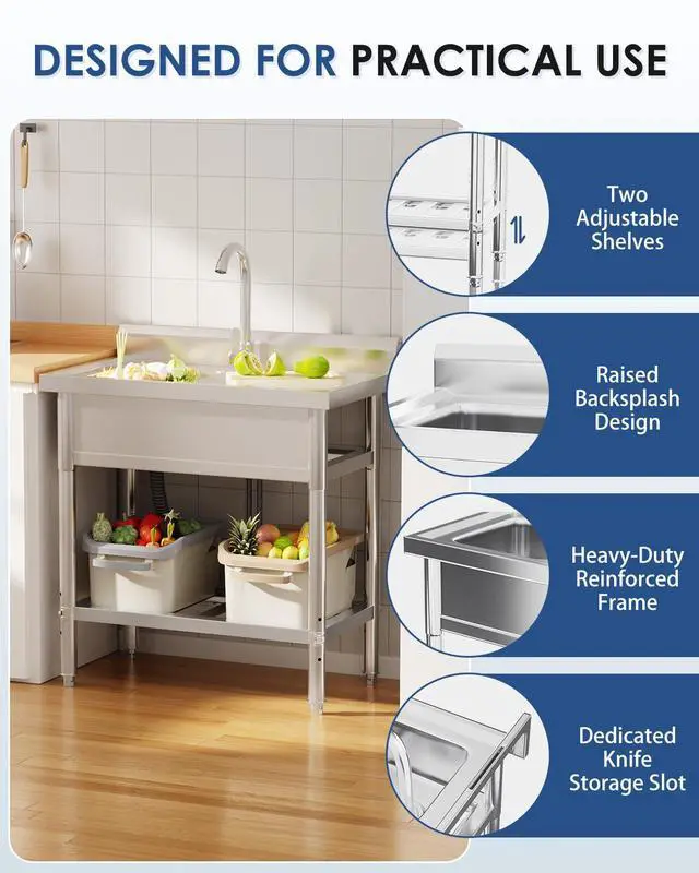 Alt view image 5 of 6 - Stainless Steel Utility Sink, Freestanding Outdoor Sink Station, Small Tub for Garage, Laundry, Kitchen, Farmhouse(Single Bowl)