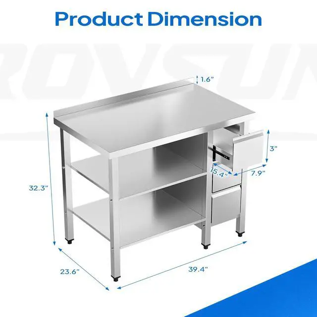 Alt view image 2 of 6 - 39" X 24" Stainless Steel Table with 3 Drawers, Backsplash & Undershelf for Home Kitchen Restaurant Hotel Garage Warehouse (39" X 24")