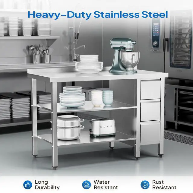 Alt view image 3 of 6 - 39" X 24" Stainless Steel Table with 3 Drawers, Backsplash & Undershelf for Home Kitchen Restaurant Hotel Garage Warehouse (39" X 24")