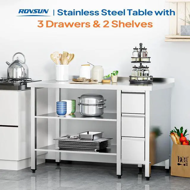 Alt view image 4 of 6 - 39" X 24" Stainless Steel Table with 3 Drawers, Backsplash & Undershelf for Home Kitchen Restaurant Hotel Garage Warehouse (39" X 24")