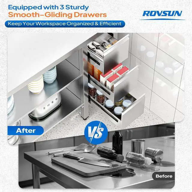 Alt view image 6 of 6 - 39" X 24" Stainless Steel Table with 3 Drawers, Backsplash & Undershelf for Home Kitchen Restaurant Hotel Garage Warehouse (39" X 24")