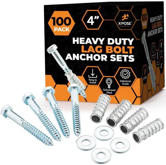 Main image of Concrete Anchors Set with 4"" Lag Bolt, Lag Shield and Washer - 100 Sets per Pack - 1/2"" Bolt Lag Screws 4-Inch for Speed Bumps for Asphalt - Galvanized Steel Lag Bolts