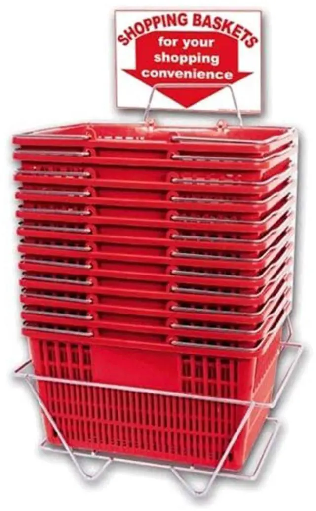 Main image of Shopping Basket Set of 12 Durable Red Plastic with Sign and Stand