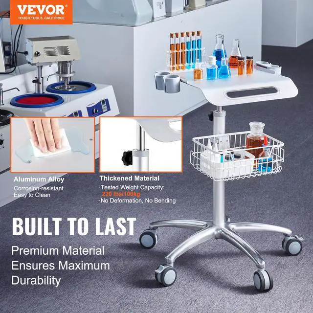 Alt view image 2 of 6 - Medical Trolley with Wheels - Height Adjustable Gas Lift, Large Tabletop 19"×17", Stainless Steel Rolling Laptop Cart with Storage Basket,Mobile Metal Scanner Cart for Ultrasound/Dental/EKG/Lab