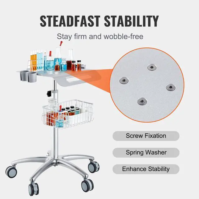 Alt view image 4 of 6 - Medical Trolley with Wheels - Height Adjustable Gas Lift, Large Tabletop 19"×17", Stainless Steel Rolling Laptop Cart with Storage Basket,Mobile Metal Scanner Cart for Ultrasound/Dental/EKG/Lab