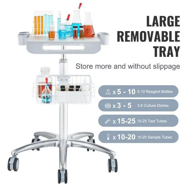 Alt view image 6 of 6 - Medical Trolley with Wheels - Height Adjustable Gas Lift, Large Tabletop 19"×17", Stainless Steel Rolling Laptop Cart with Storage Basket,Mobile Metal Scanner Cart for Ultrasound/Dental/EKG/Lab