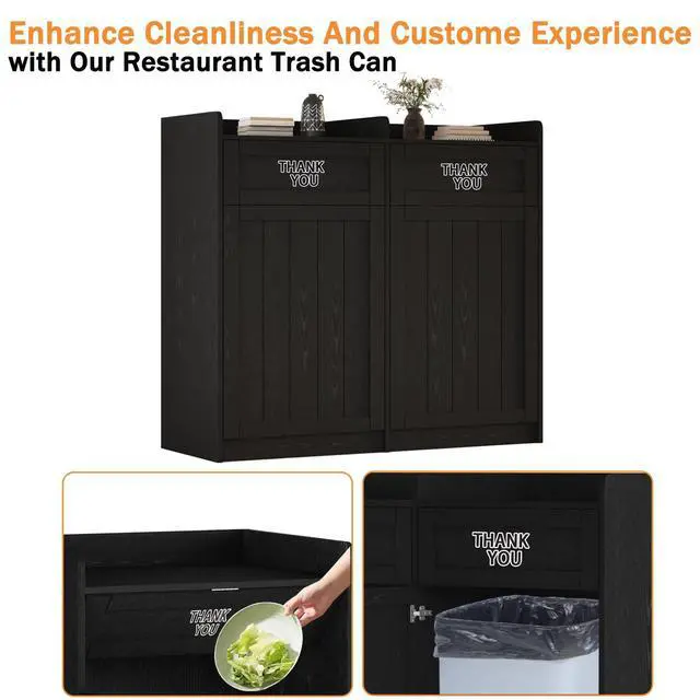 Alt view image 3 of 6 - Double 40 Gallon Restaurant Trash Can Cabinet, Wooden Commercial Trash Can with Tray Holder, Large Garbage Cabinet for Restaurant Cafeteria Office, Black