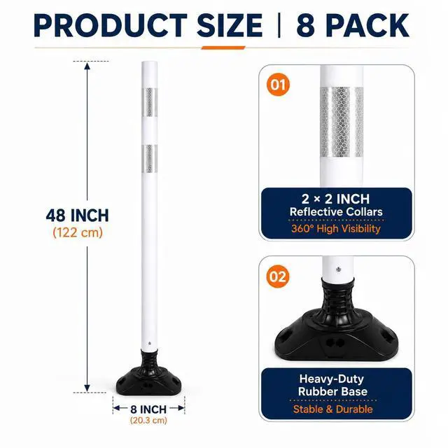 Alt view image 2 of 6 - 8PCS 48" Traffic Delineator Posts with Detachable Base & High-Visibility Reflective Collars,White Durable Flexible Safety Cones for Work Zones, Parking Lots, and Roadways