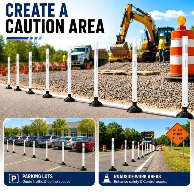 Alt view image 3 of 6 - 8PCS 48" Traffic Delineator Posts with Detachable Base & High-Visibility Reflective Collars,White Durable Flexible Safety Cones for Work Zones, Parking Lots, and Roadways