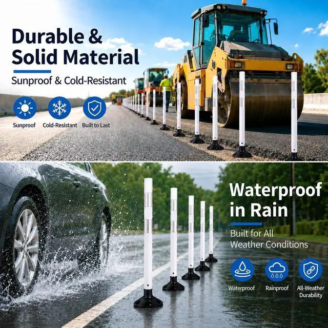 Alt view image 5 of 6 - 8PCS 48" Traffic Delineator Posts with Detachable Base & High-Visibility Reflective Collars,White Durable Flexible Safety Cones for Work Zones, Parking Lots, and Roadways