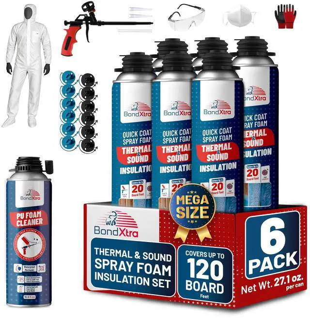 Main image of Spray Foam Insulation Kit (6 x 32.80 oz/930 gr - 120 Board feet), Self-Expanding Adhesive Foam, Closed Cell Heat Insulation & Acustic Spray with Cleaner and Dispensing Gun - 6 Pack