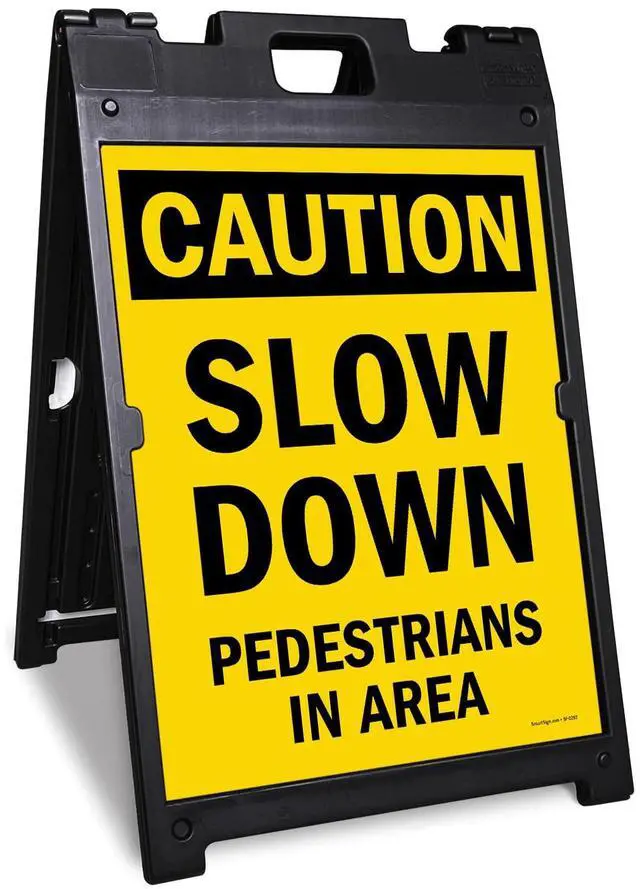 Main image of 24 x 18 inch Caution - Slow Down, Pedestrians In Area Two-Sided BabyBoss A-Frame Sign Kit, Plastic, Black and Yellow (1 A-Frame + 2 Sign Panels), Made in USA