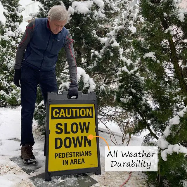 Alt view image 2 of 4 - 24 x 18 inch Caution - Slow Down, Pedestrians In Area Two-Sided BabyBoss A-Frame Sign Kit, Plastic, Black and Yellow (1 A-Frame + 2 Sign Panels), Made in USA