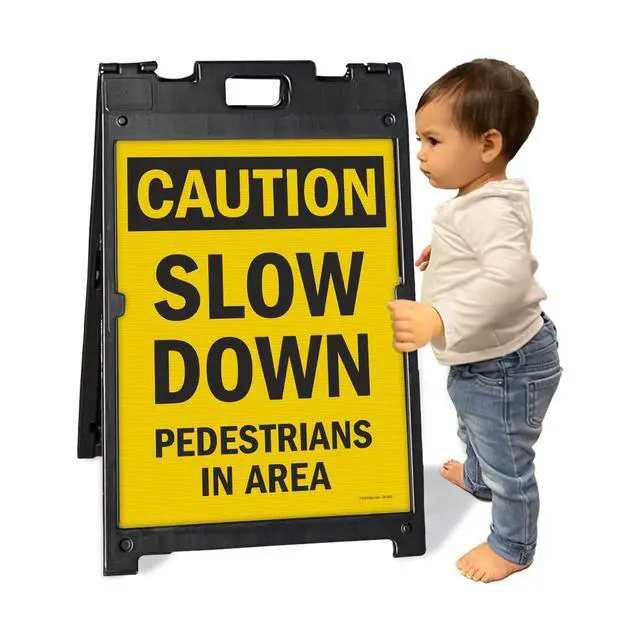 Alt view image 3 of 4 - 24 x 18 inch Caution - Slow Down, Pedestrians In Area Two-Sided BabyBoss A-Frame Sign Kit, Plastic, Black and Yellow (1 A-Frame + 2 Sign Panels), Made in USA