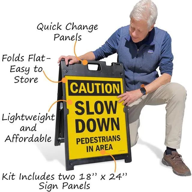 Alt view image 4 of 4 - 24 x 18 inch Caution - Slow Down, Pedestrians In Area Two-Sided BabyBoss A-Frame Sign Kit, Plastic, Black and Yellow (1 A-Frame + 2 Sign Panels), Made in USA