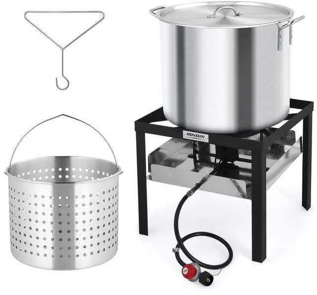 Main image of 80QT Turkey Fryer with Aluminum Boiler Steamer Basket & 150,000BTU Propane Burner, Outdoor Gas Deep Fryer & Seafood Crawfish Boil Pot Set with High Pressure Propane Regulator and Hose