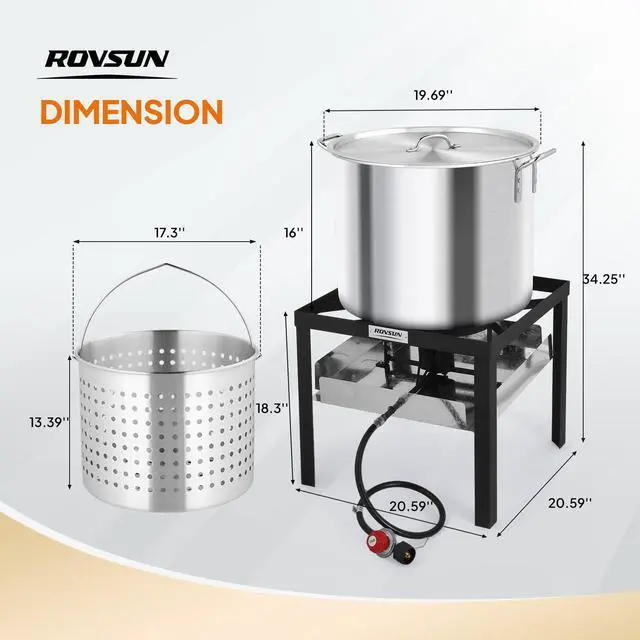 Alt view image 6 of 6 - 80QT Turkey Fryer with Aluminum Boiler Steamer Basket & 150,000BTU Propane Burner, Outdoor Gas Deep Fryer & Seafood Crawfish Boil Pot Set with High Pressure Propane Regulator and Hose