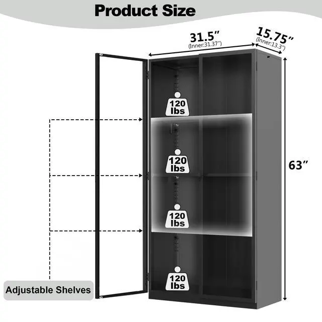 Alt view image 2 of 6 - 63" H Display Cabinet with Glass Doors,Tall Display Cabinet with LED Lights,Display Case for Collectibles,Glass Display Cabinets with 3 Adjustable Shelves for Living Room,Bedroom,Office