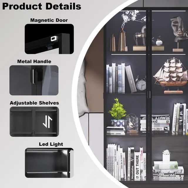 Alt view image 5 of 6 - 63" H Display Cabinet with Glass Doors,Tall Display Cabinet with LED Lights,Display Case for Collectibles,Glass Display Cabinets with 3 Adjustable Shelves for Living Room,Bedroom,Office