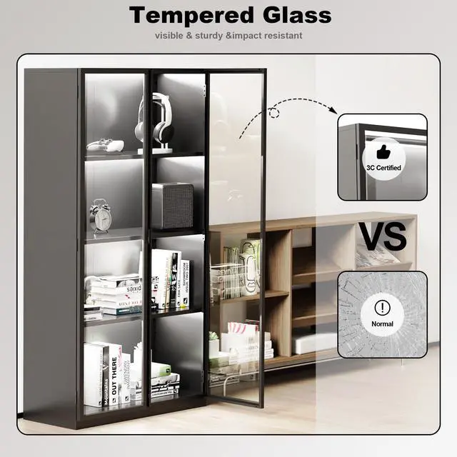 Alt view image 6 of 6 - 63" H Display Cabinet with Glass Doors,Tall Display Cabinet with LED Lights,Display Case for Collectibles,Glass Display Cabinets with 3 Adjustable Shelves for Living Room,Bedroom,Office